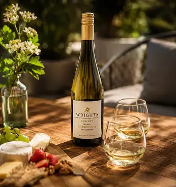 Organic wine bottles and glasses on display
